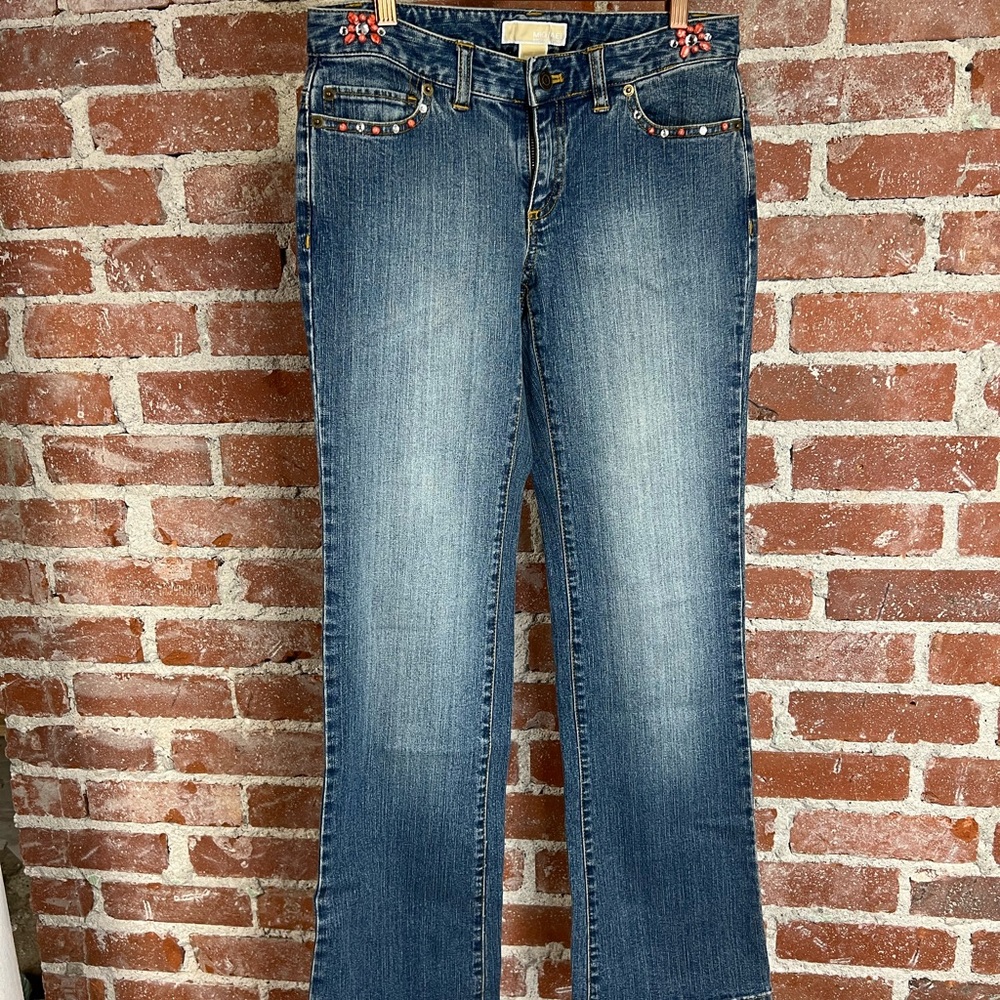 MICHAEL KORS floral bling blue straight leg jean bedazzled boho denim 2 unique